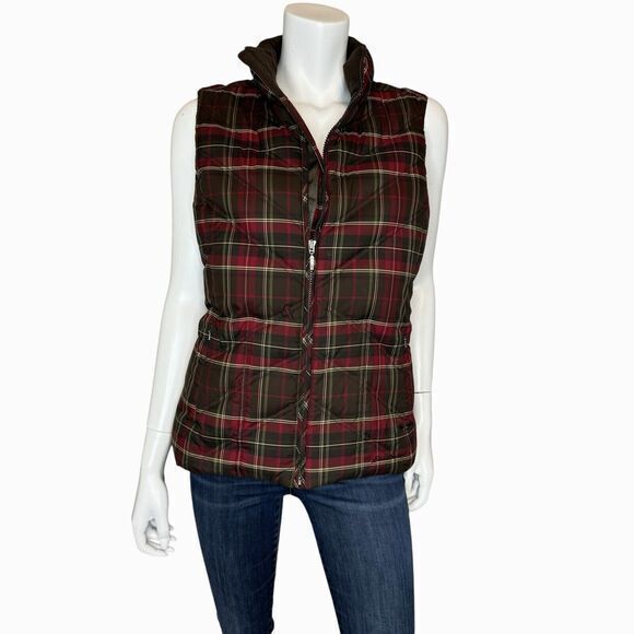EDDIE BAUER Women’s M Premium Goose Down Puffer Vest Red Plaid‎ Gorp- Core - Picture 1 of 9